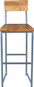 Shaker blue metal stool with back with natural stain ash wood made in UK - front view round frame