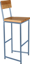 Load image into Gallery viewer, Shaker blue metal stool with back with natural stain ash wood made in UK - angle view round frame
