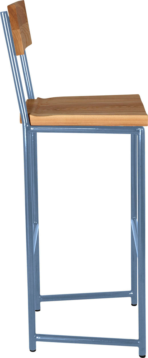 Shaker blue metal stool with back with natural stain ash wood made in UK - side view round frame