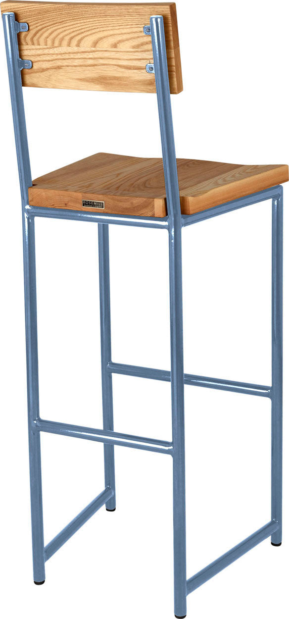 Shaker blue metal stool with back with natural stain ash wood made in UK - back side view round frame