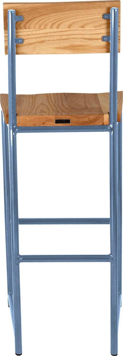 Shaker blue metal stool with back with natural stain ash wood made in UK - back view round frame