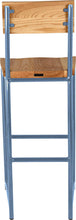 Load image into Gallery viewer, Shaker blue metal stool with back with natural stain ash wood made in UK - back view round frame
