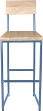 Load image into Gallery viewer, Shaker blue metal stool with back with whitewash stain ash wood made in UK - front view round frame

