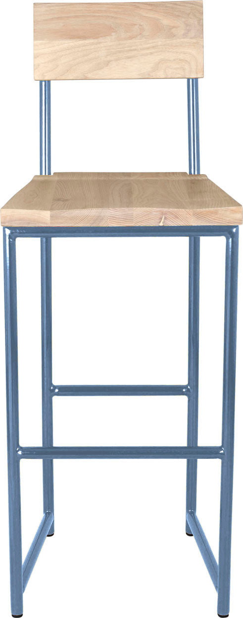 Shaker blue metal stool with back with whitewash stain ash wood made in UK - front view round frame