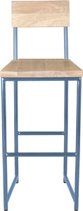 Shaker blue metal stool with back with whitewash stain ash wood made in UK - front view round frame