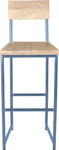 Shaker blue metal stool with back with whitewash stain ash wood made in UK - front view round frame