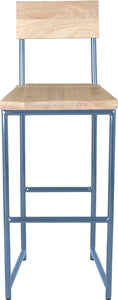 Shaker blue metal stool with back with whitewash stain ash wood made in UK - front view round frame