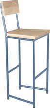 Load image into Gallery viewer, Shaker blue metal stool with back with whitewash stain ash wood made in UK - angle view round frame
