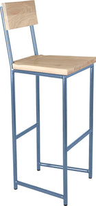 Shaker blue metal stool with back with whitewash stain ash wood made in UK - angle view round frame