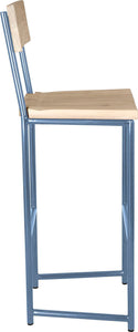 Shaker blue metal stool with back with whitewash stain ash wood made in UK - side view round frame