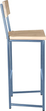 Load image into Gallery viewer, Shaker blue metal stool with back with whitewash stain ash wood made in UK - side view round frame
