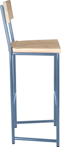 Shaker blue metal stool with back with whitewash stain ash wood made in UK - side view round frame