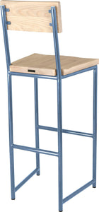 Shaker blue metal stool with back with whitewash stain ash wood made in UK - back side view round frame