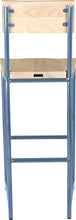 Load image into Gallery viewer, Shaker blue metal stool with back with whitewash stain ash wood made in UK - back view round frame

