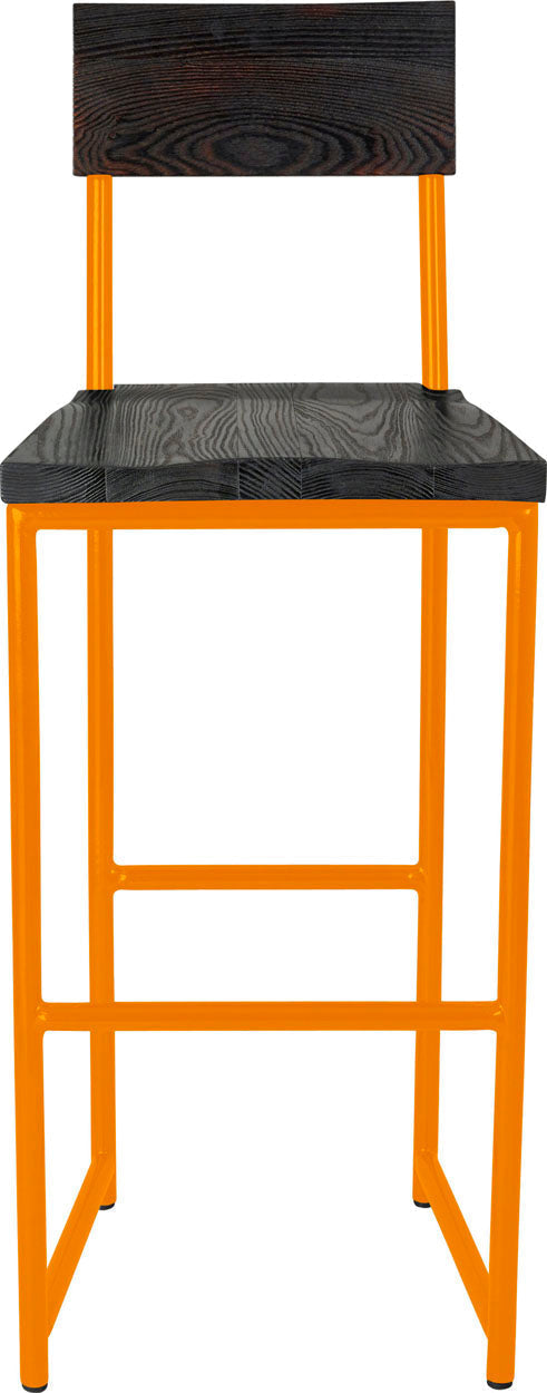 Orange metal stool with back with black stain ash wood made in UK - front view round frame
