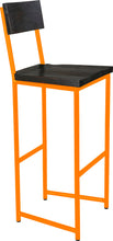 Load image into Gallery viewer, Orange metal stool with back with black stain ash wood made in UK - angle view round frame
