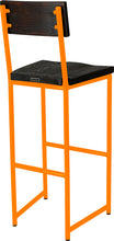 Load image into Gallery viewer, Orange metal stool with back with black stain ash wood made in UK - back side view round frame
