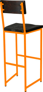 Orange metal stool with back with black stain ash wood made in UK - back side view round frame