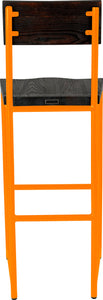 Orange metal stool with back with black stain ash wood made in UK - back view round frame