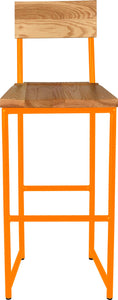 Orange metal stool with back with natural stain ash wood made in UK - front view round frame