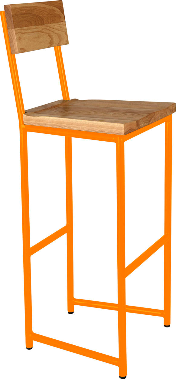 Orange metal stool with back with natural stain ash wood made in UK - angle view round frame