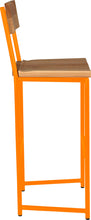 Load image into Gallery viewer, Orange metal stool with back with natural stain ash wood made in UK - side view round frame
