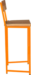 Orange metal stool with back with natural stain ash wood made in UK - side view round frame