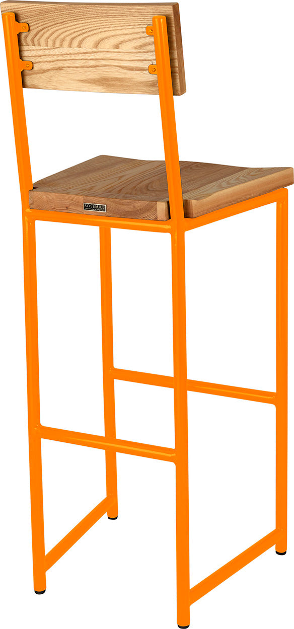 Orange metal stool with back with natural stain ash wood made in UK - back side view round frame