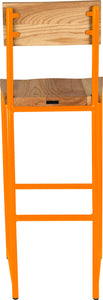 Orange metal stool with back with natural stain ash wood made in UK - back view round frame