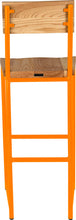 Load image into Gallery viewer, Orange metal stool with back with natural stain ash wood made in UK - back view round frame

