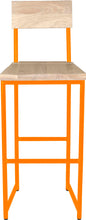 Load image into Gallery viewer, Orange metal stool with back with whitewash stain ash wood made in UK - front view round frame
