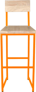 Orange metal stool with back with whitewash stain ash wood made in UK - front view round frame