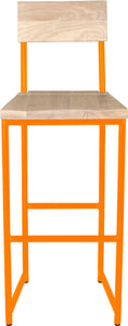 Orange metal stool with back with whitewash stain ash wood made in UK - front view round frame