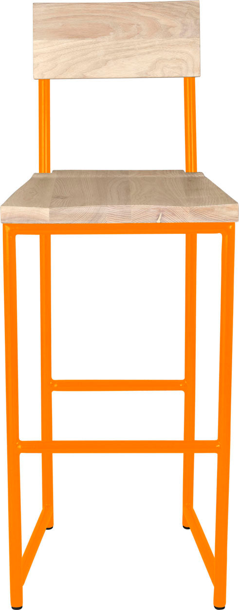 Orange metal stool with back with whitewash stain ash wood made in UK - front view round frame