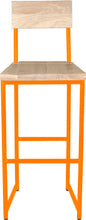 Load image into Gallery viewer, Orange metal stool with back with whitewash stain ash wood made in UK - front view round frame
