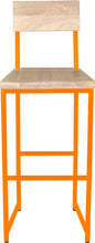 Load image into Gallery viewer, Orange metal stool with back with whitewash stain ash wood made in UK - front view round frame
