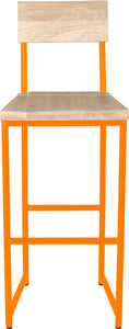 Orange metal stool with back with whitewash stain ash wood made in UK - front view round frame