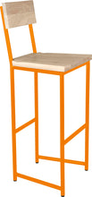 Load image into Gallery viewer, Orange metal stool with back with whitewash stain ash wood made in UK - angle view round frame
