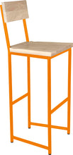 Load image into Gallery viewer, Orange metal stool with back with whitewash stain ash wood made in UK - angle view round frame
