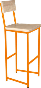 Orange metal stool with back with whitewash stain ash wood made in UK - angle view round frame