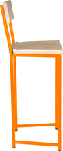 Load image into Gallery viewer, Orange metal stool with back with whitewash stain ash wood made in UK - side view round frame
