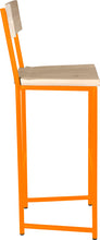 Load image into Gallery viewer, Orange metal stool with back with whitewash stain ash wood made in UK - side view round frame
