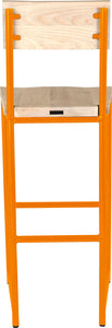Orange metal stool with back with whitewash stain ash wood made in UK - back view round frame