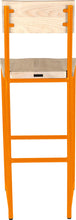 Load image into Gallery viewer, Orange metal stool with back with whitewash stain ash wood made in UK - back view round frame
