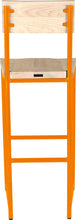 Load image into Gallery viewer, Orange metal stool with back with whitewash stain ash wood made in UK - back view round frame
