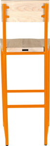 Orange metal stool with back with whitewash stain ash wood made in UK - back view round frame