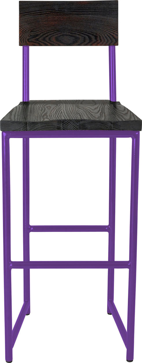 Purple metal stool with back with black stain ash wood made in UK - front view round frame