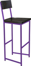 Load image into Gallery viewer, Purple metal stool with back with black stain ash wood made in UK - angle view round frame
