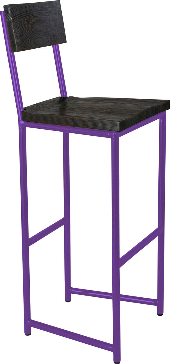 Purple metal stool with back with black stain ash wood made in UK - angle view round frame
