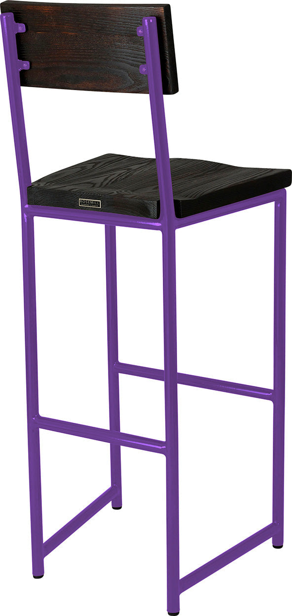 Purple metal stool with back with black stain ash wood made in UK - back side view round frame